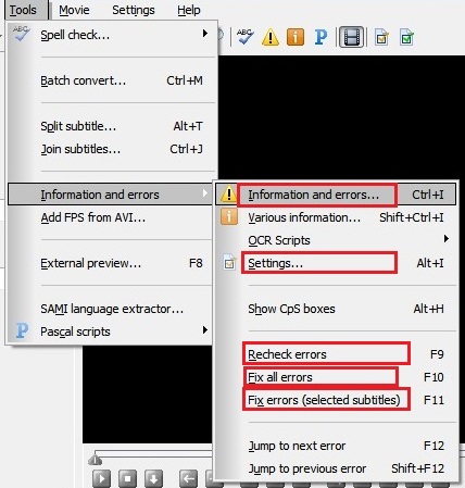 Information and Errors menu Information and Errors menu